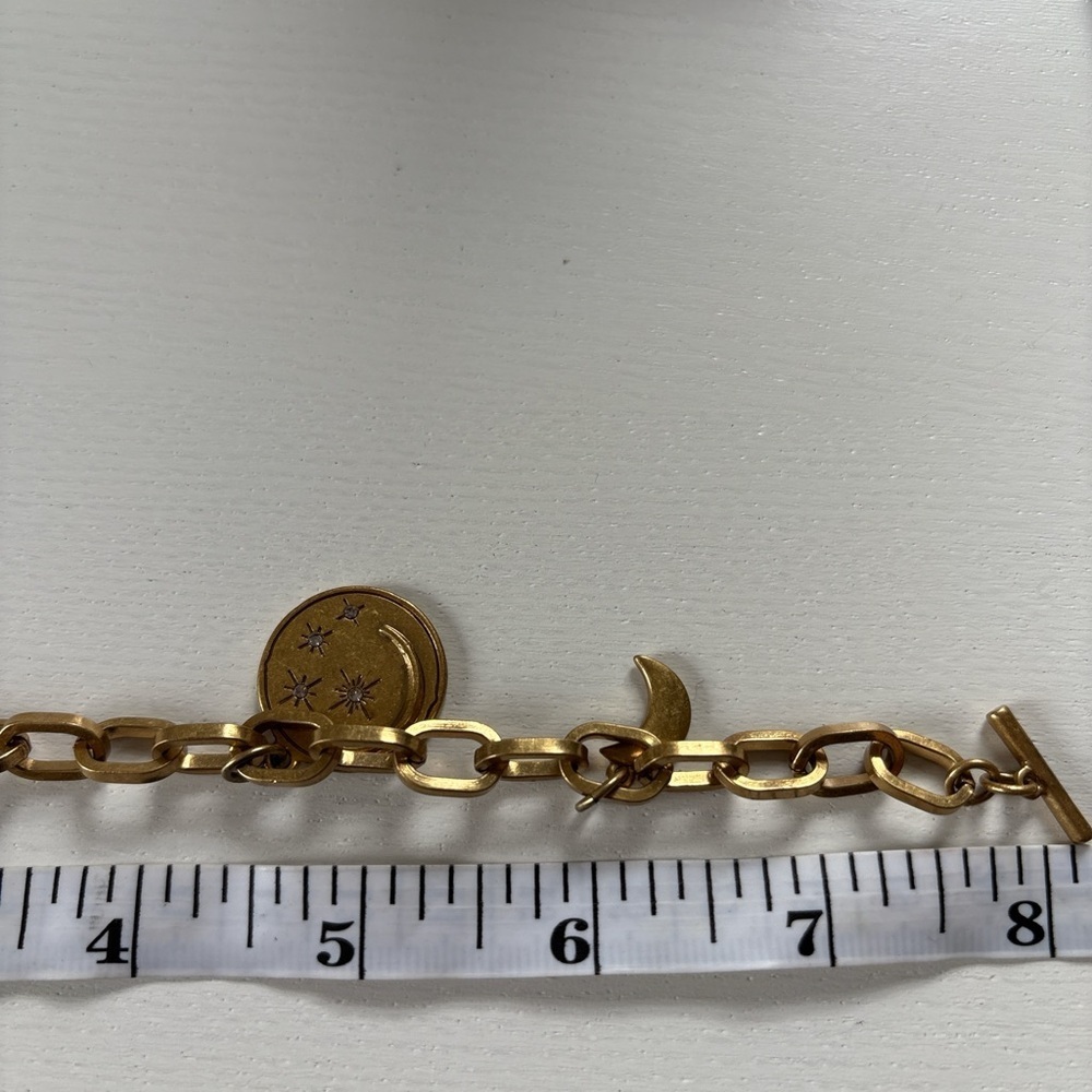 J.Crew Gold Tone Celestial Coin Charm Bracelet Moon Star Toggle Chain - Picture 2 of 5